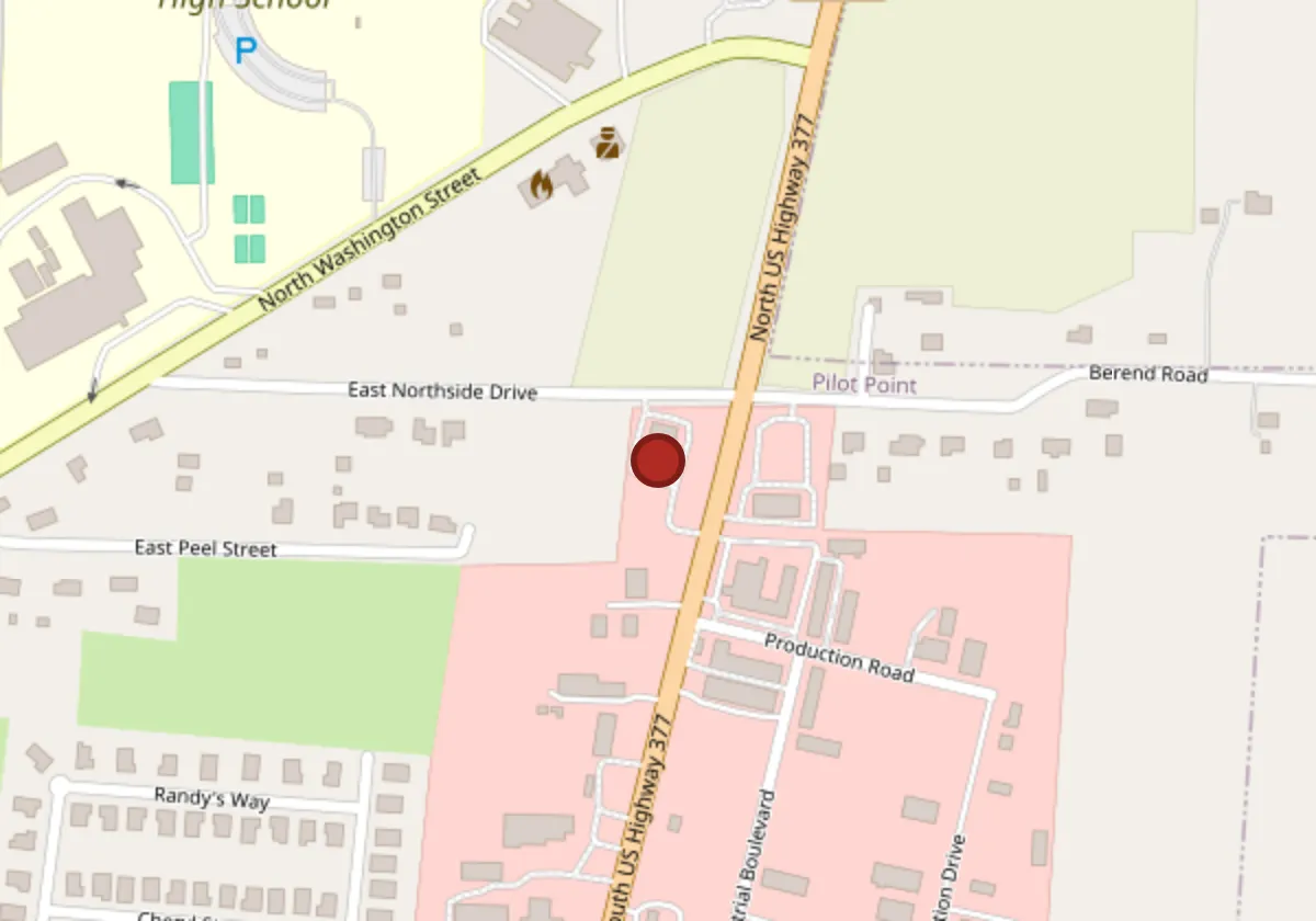 Map showing Nick's Italian Restaurant on U.S. 377 at East Northside Drive in Pilot Point, Texas